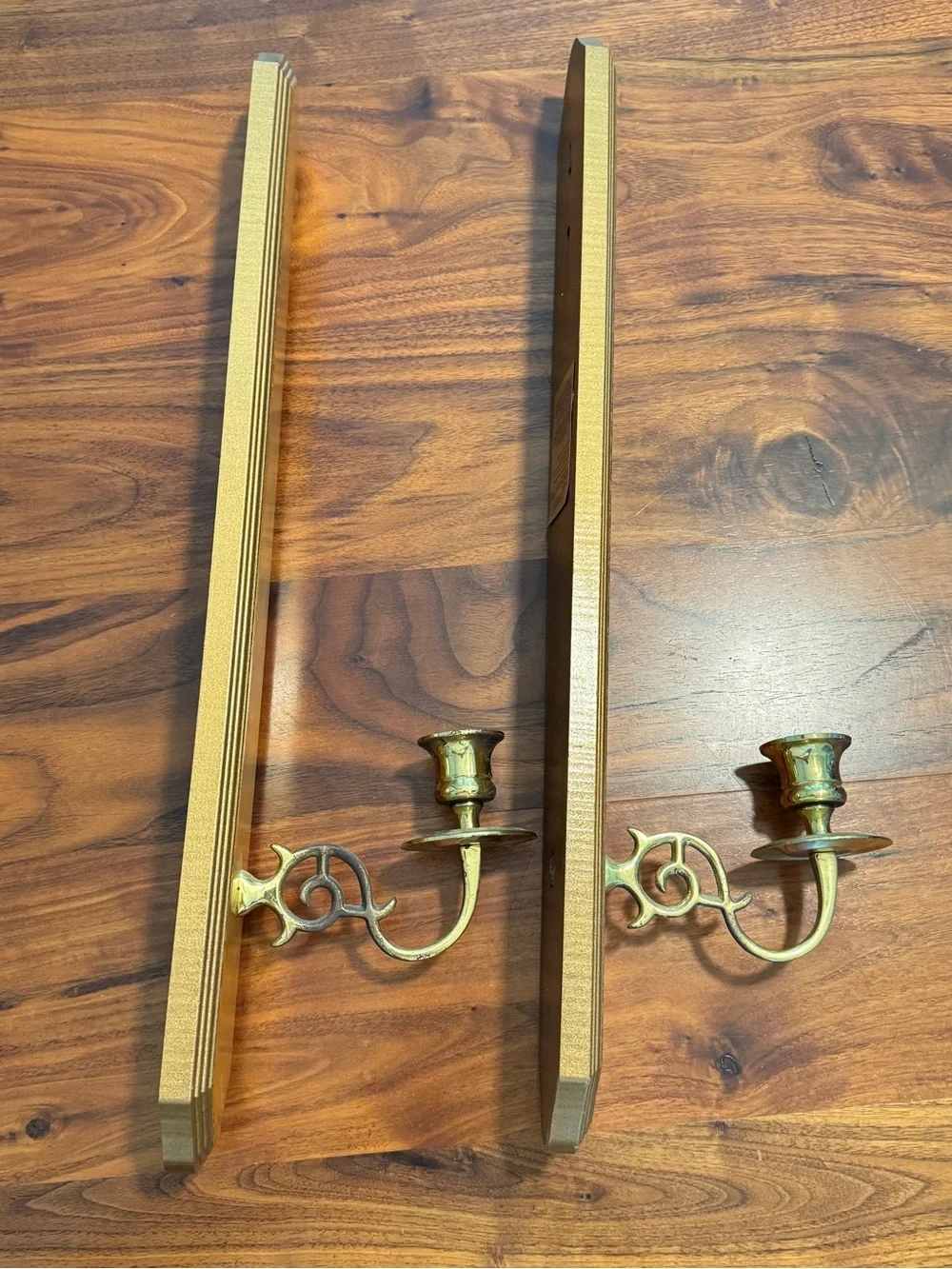 Vintage Set of 2 Home Interiors Gold Wall Scones, Wood & Brass Candle Holders